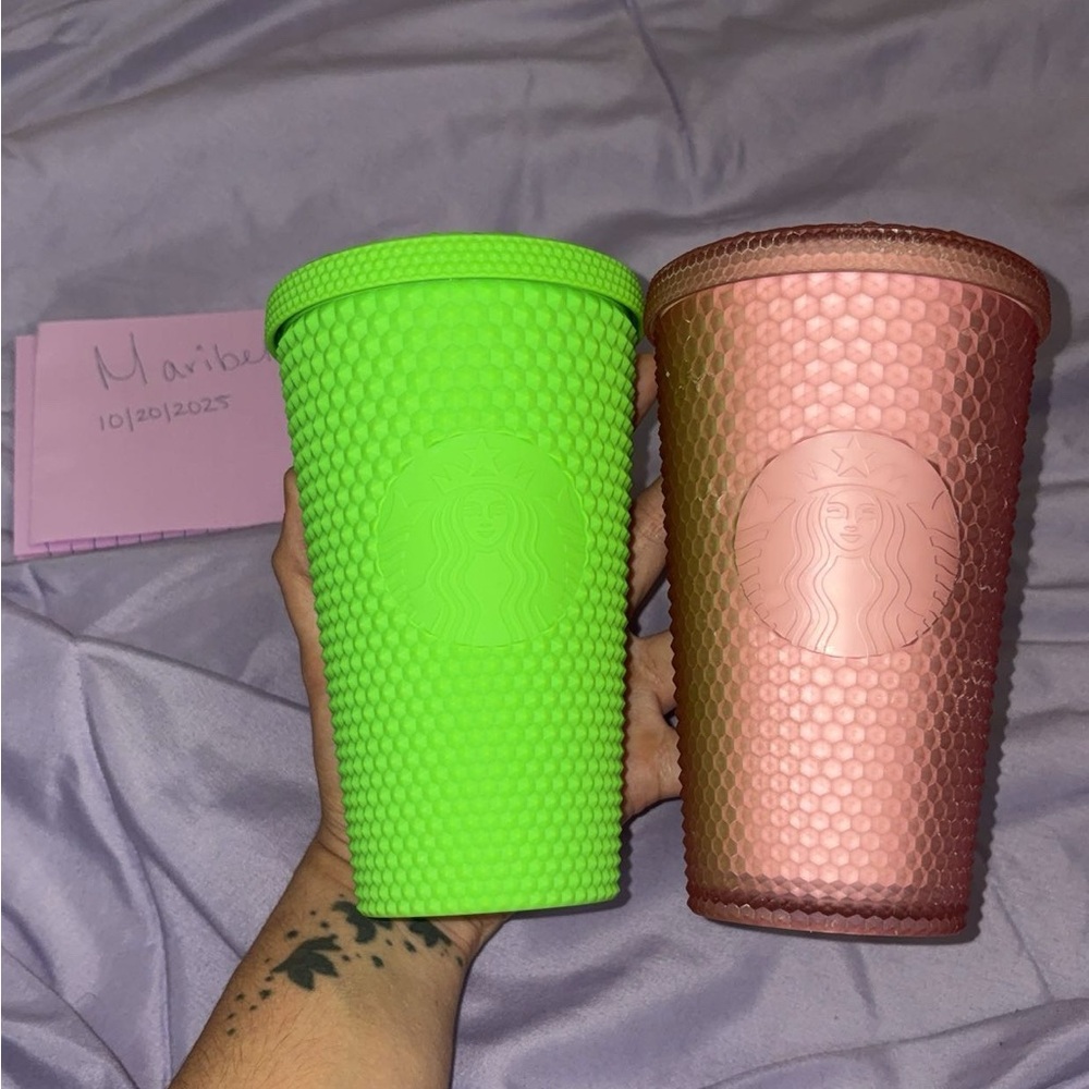 NO STRAWS Starbucks Neon Green and Light Pink Tumblers